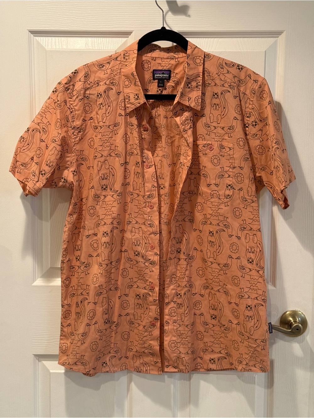 Patagonia Men’s Short-Sleeve Salmon Pink Printed Button-Up Shirt